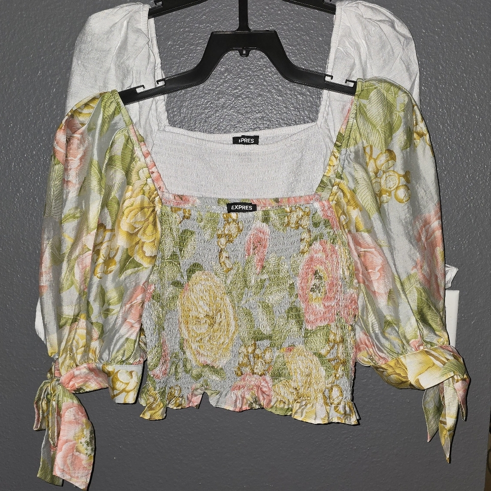 (2) Express Stretchy Floral & White Puff Sleeve Tops